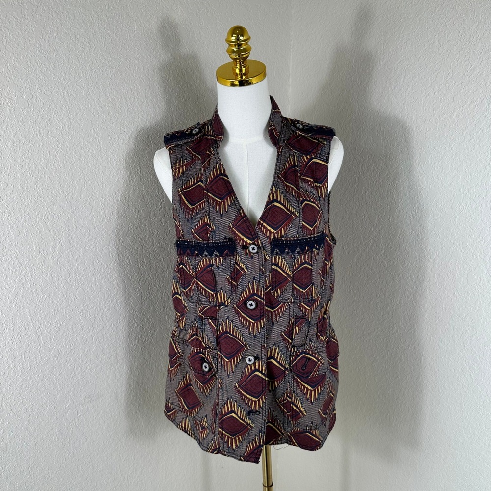 Elevenses Anthropologie Vest Womens Small Burgundy Geometric Ikat Boho Utility